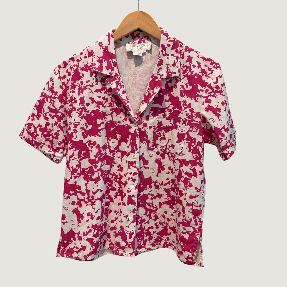 Hutton Sport Womens Vintage Button Down Shirt Pink White Abstract Splatter Sz 8